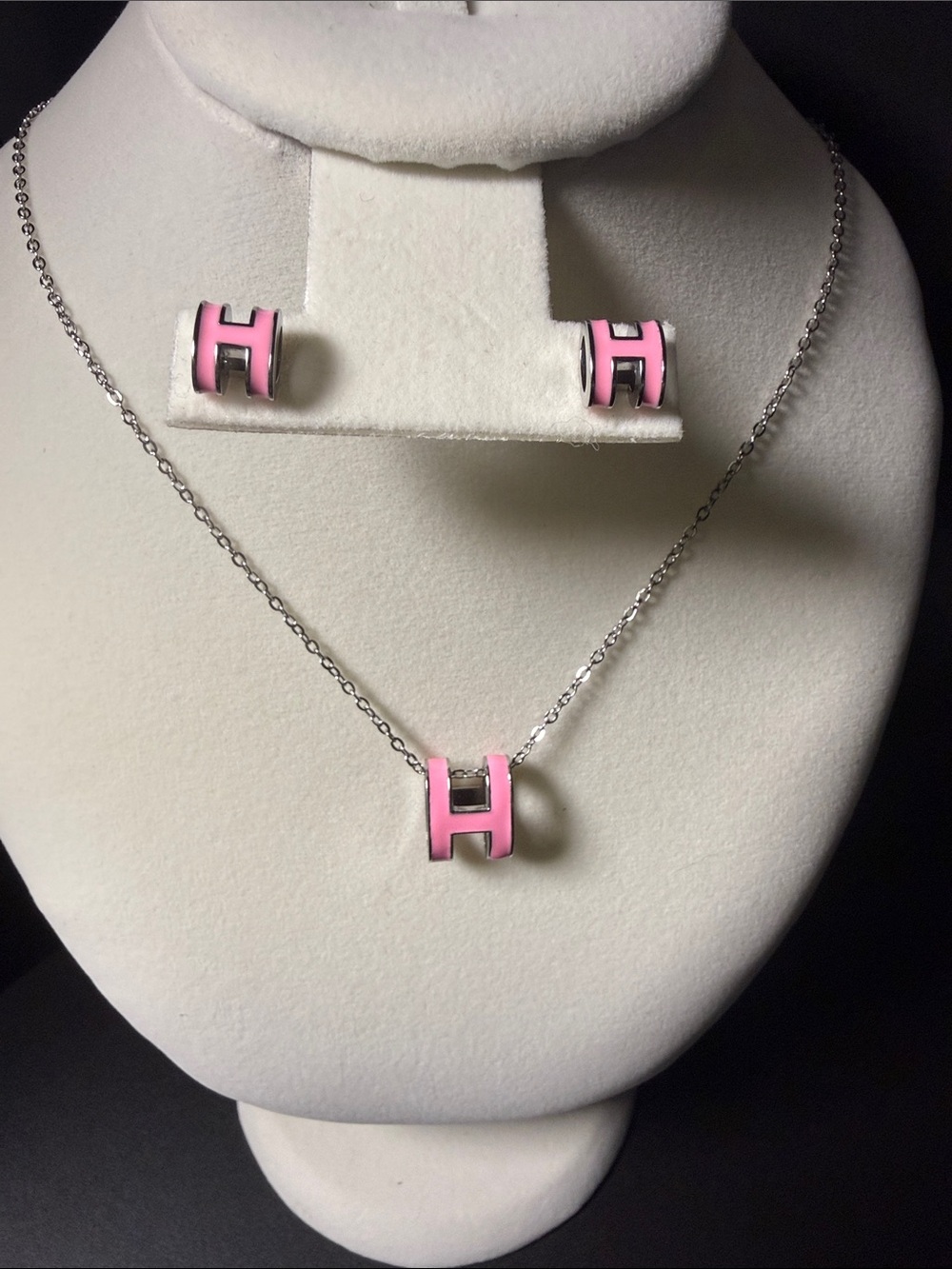 Pink Pendant Necklace and Stud Earring Set